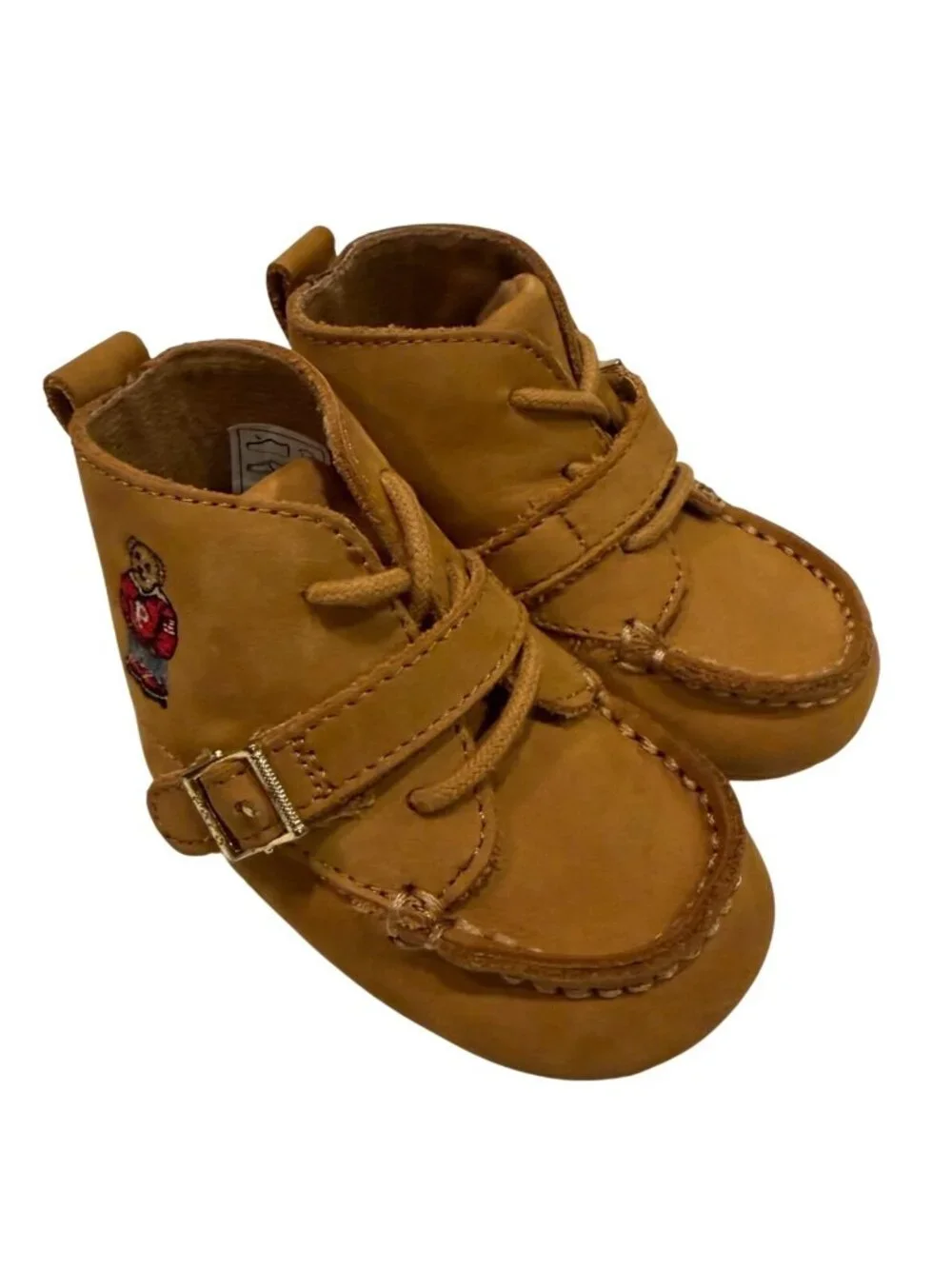 Ralph Lauren Cashew Nubuck Baby Infant Boots Bear Buckle Laces Box Size 3